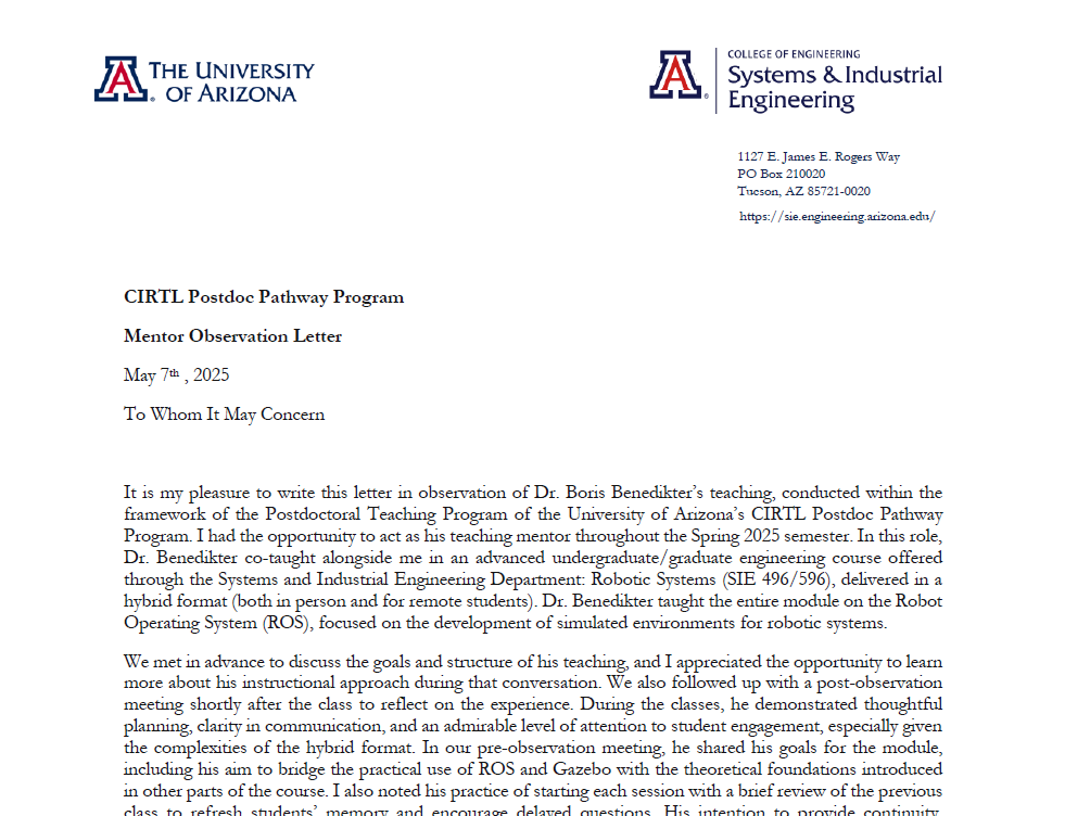 A screenshot of the observation letter from teaching mentor Prof. Fabio Curti